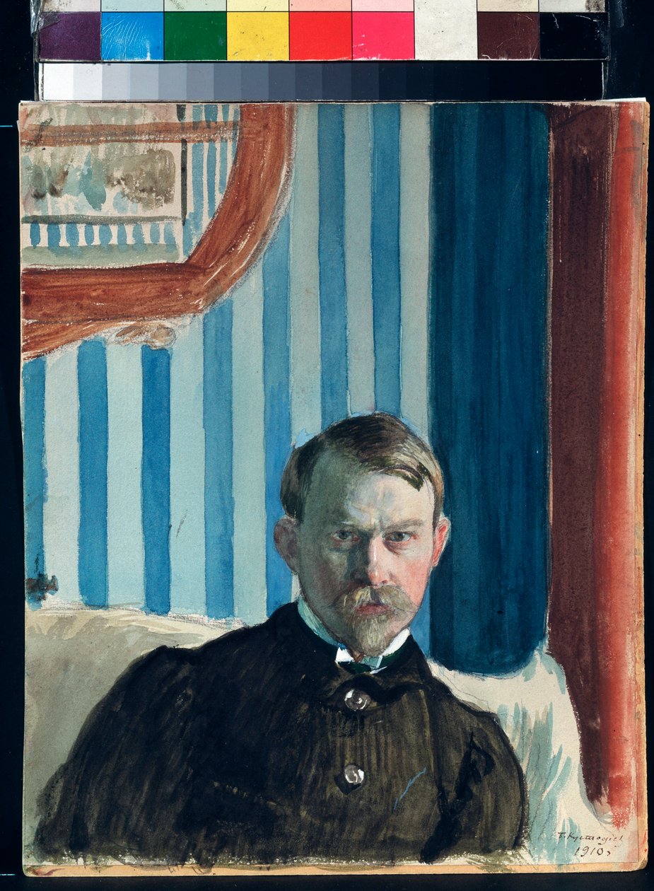Otoportre (Otoportre) - Boris Mihayloviç Kustodiev (1878-1927), suluboya, guaj ve kağıt üzerine mürekkep çalışması by Boris Mikhailovich Kustodiev