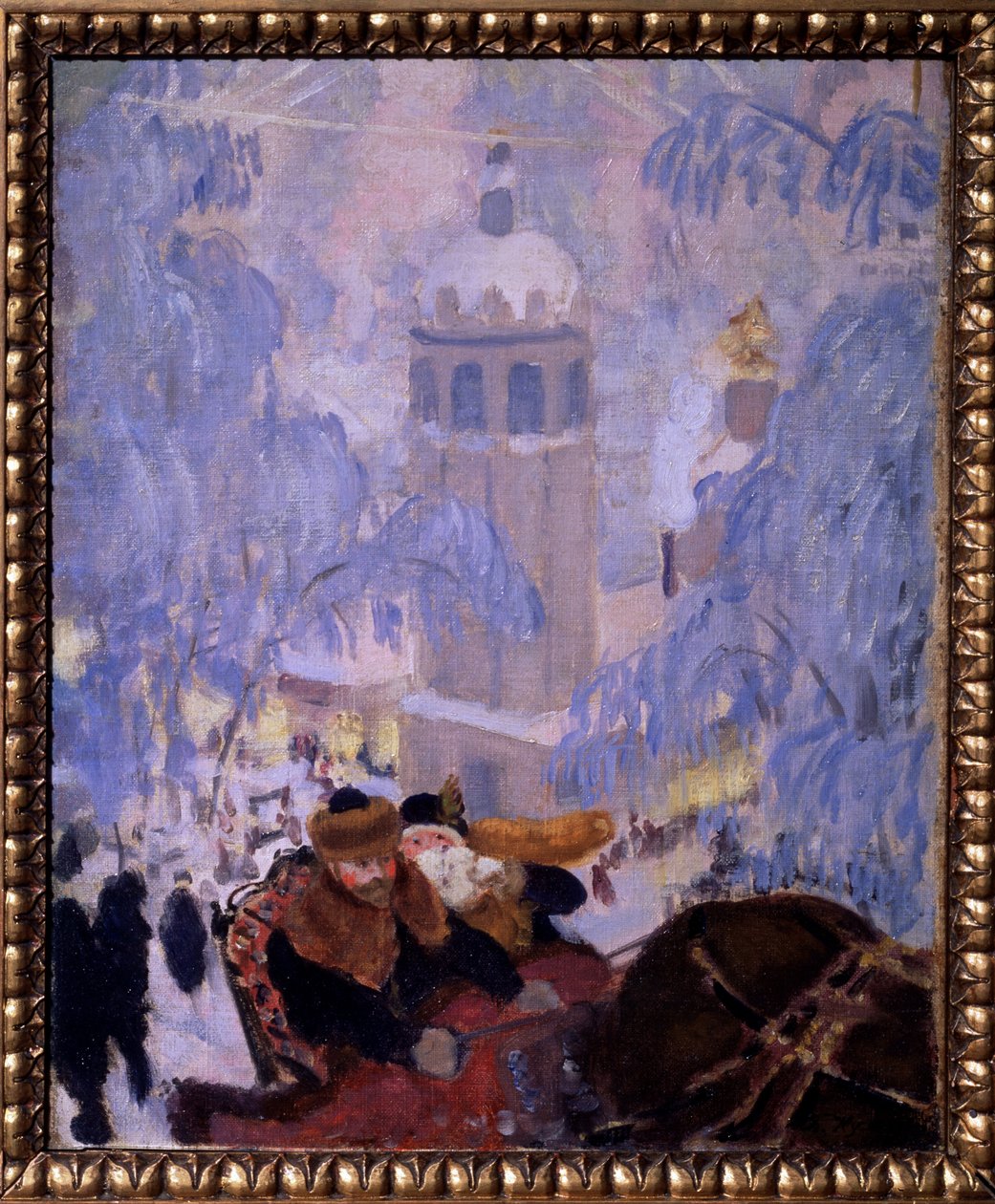 Karısı ile otoportre (Karısı ile otoportre). Bir atlı kızakta temsil edilir ve karla kaplı çatılı bir kasabadan ayrılır. Boris Michaylovich Kustodiev