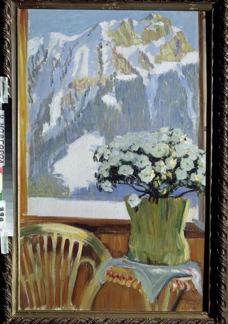 Dağ Manzaralı Balkonda Çiçekler. Boris Michaylovich Kustodiev