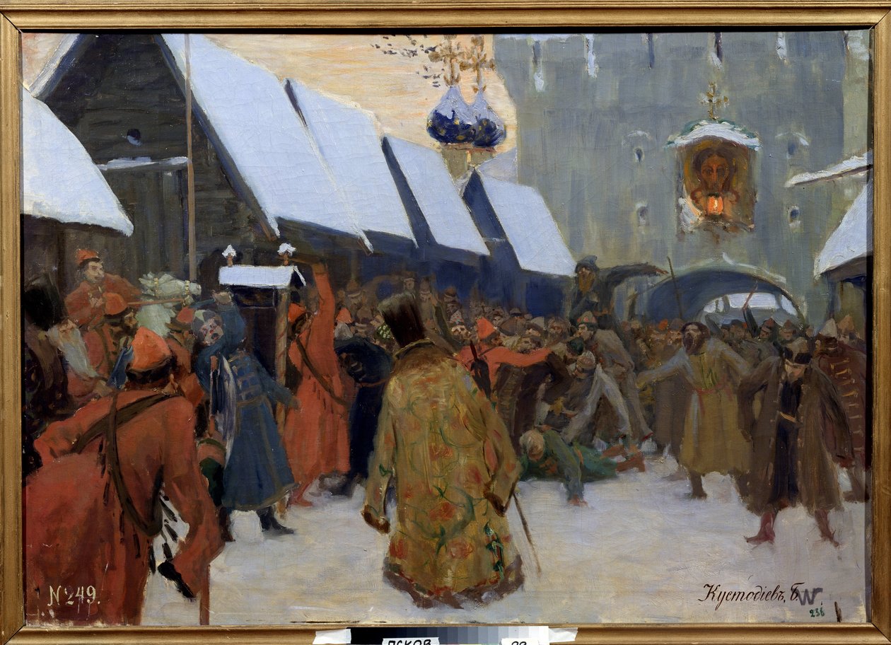 Halkın boyarlara karşı isyanı (boiard, boiar). (Bonarlara Karşı Halk İsyanı). Moskova Büyük Dükalığı'ndaki sokak sahnesi, eski Rus soylularına karşı halk ayaklanması by Boris Mikhailovich Kustodiev
