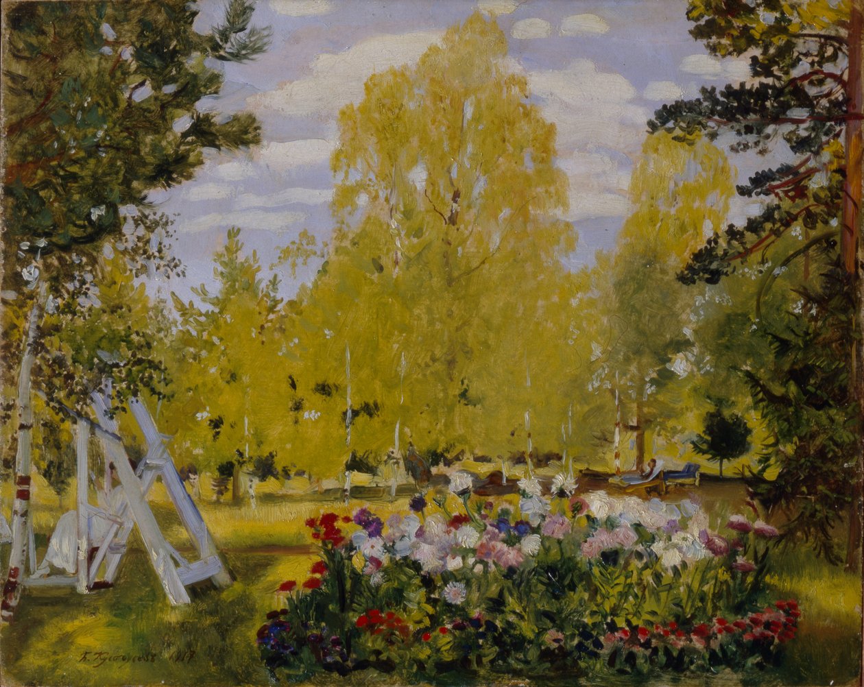 Çiçek tarhlı manzara by Boris Mikhailovich Kustodiev