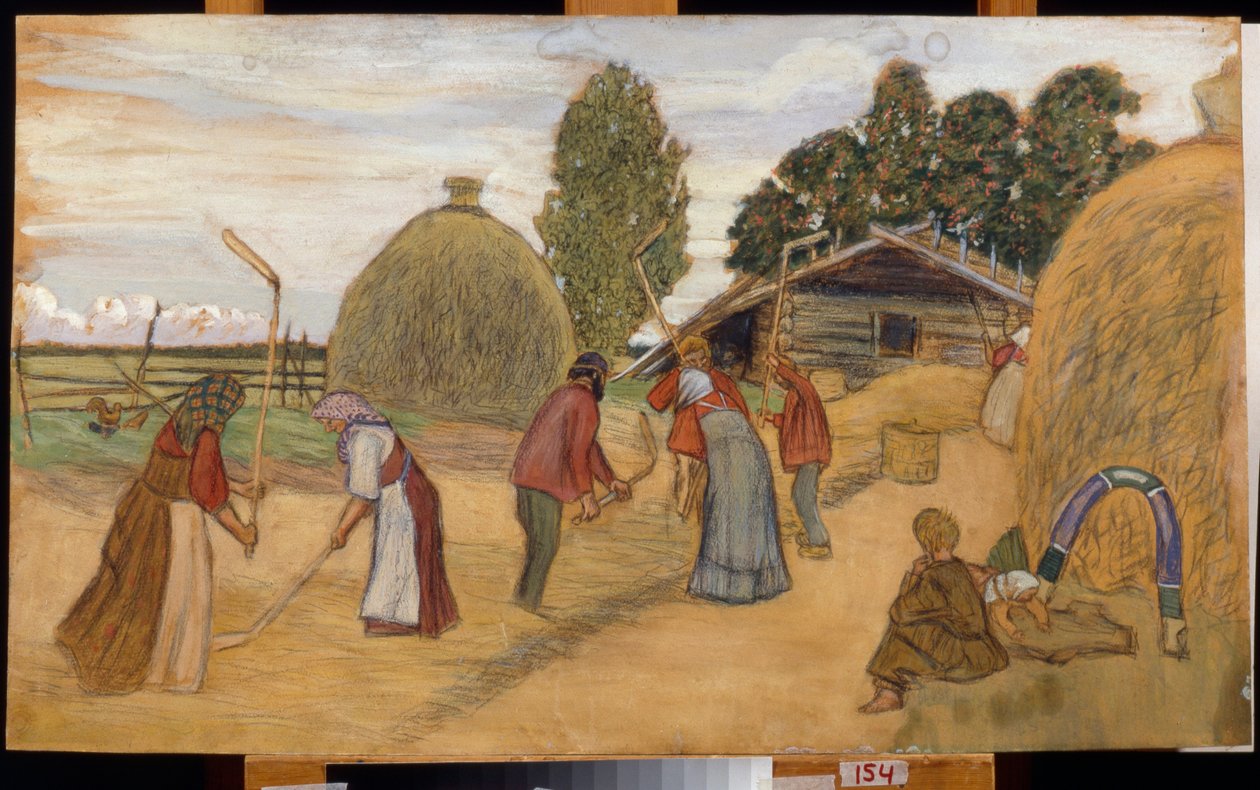 Hasatın dövülerek harmanlanması (Harman Yeri) - Çalışma Boris Michaylovich Kustodiev (Koustodiev) (1878-1927), karton üzerine pastel, 59x100 cm by Boris Mikhailovich Kustodiev