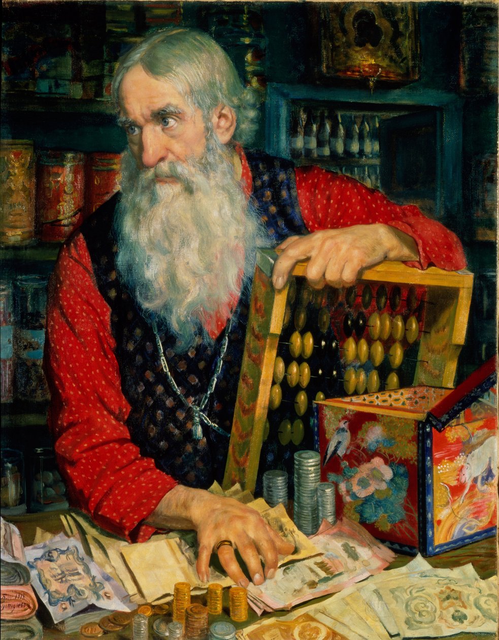 Tüccar (parası ve abaküsü olan yaşlı adam). Boris Michaylovich Kustodiev