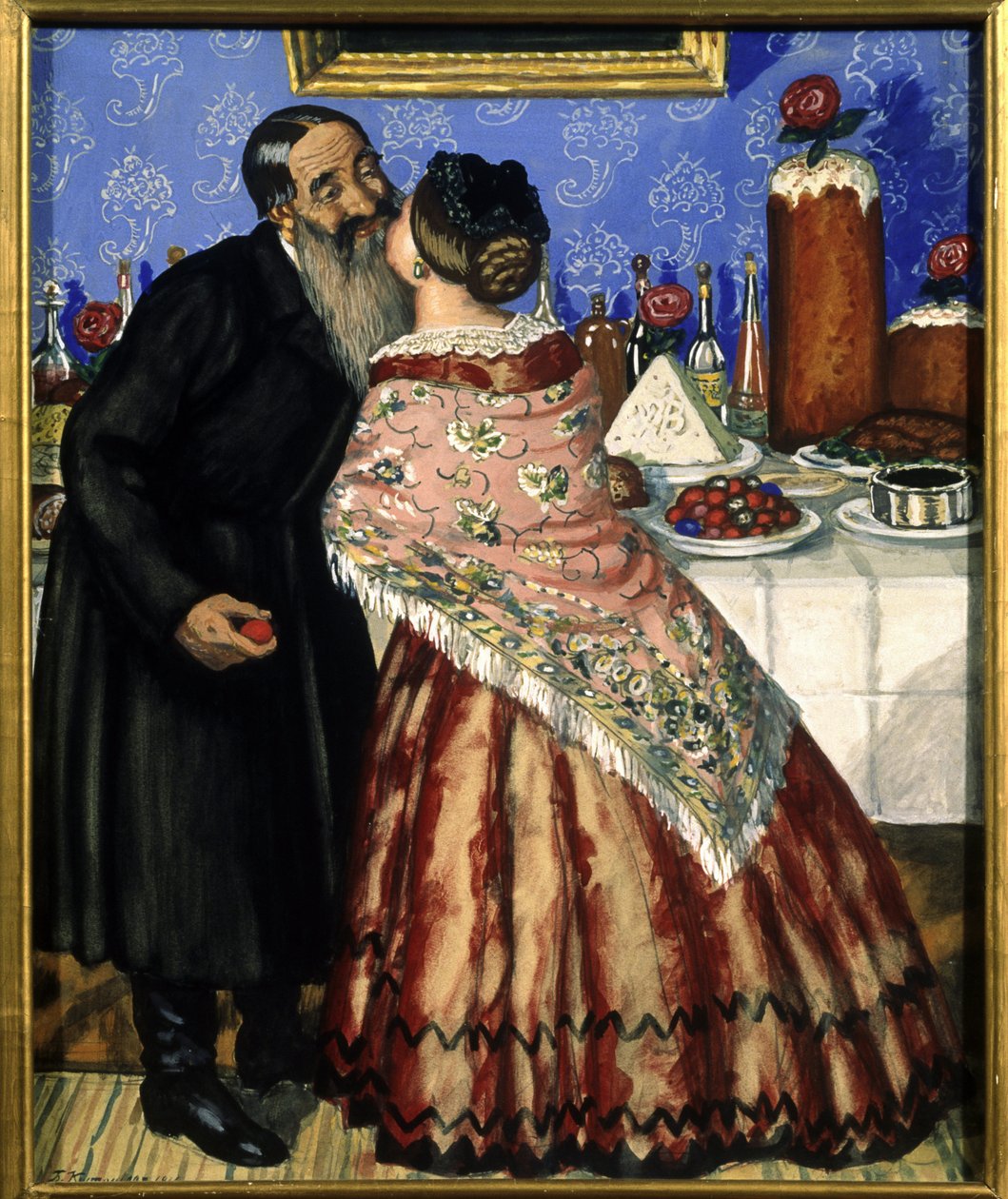Paskalya selamları (Paskalya yemeği ile masanın yanında bir çift öpücük) (Paskalya selamı) - Boyama Boris Michaylovich Kustodiev (1878-1927), karton üzerine tempera by Boris Mikhailovich Kustodiev