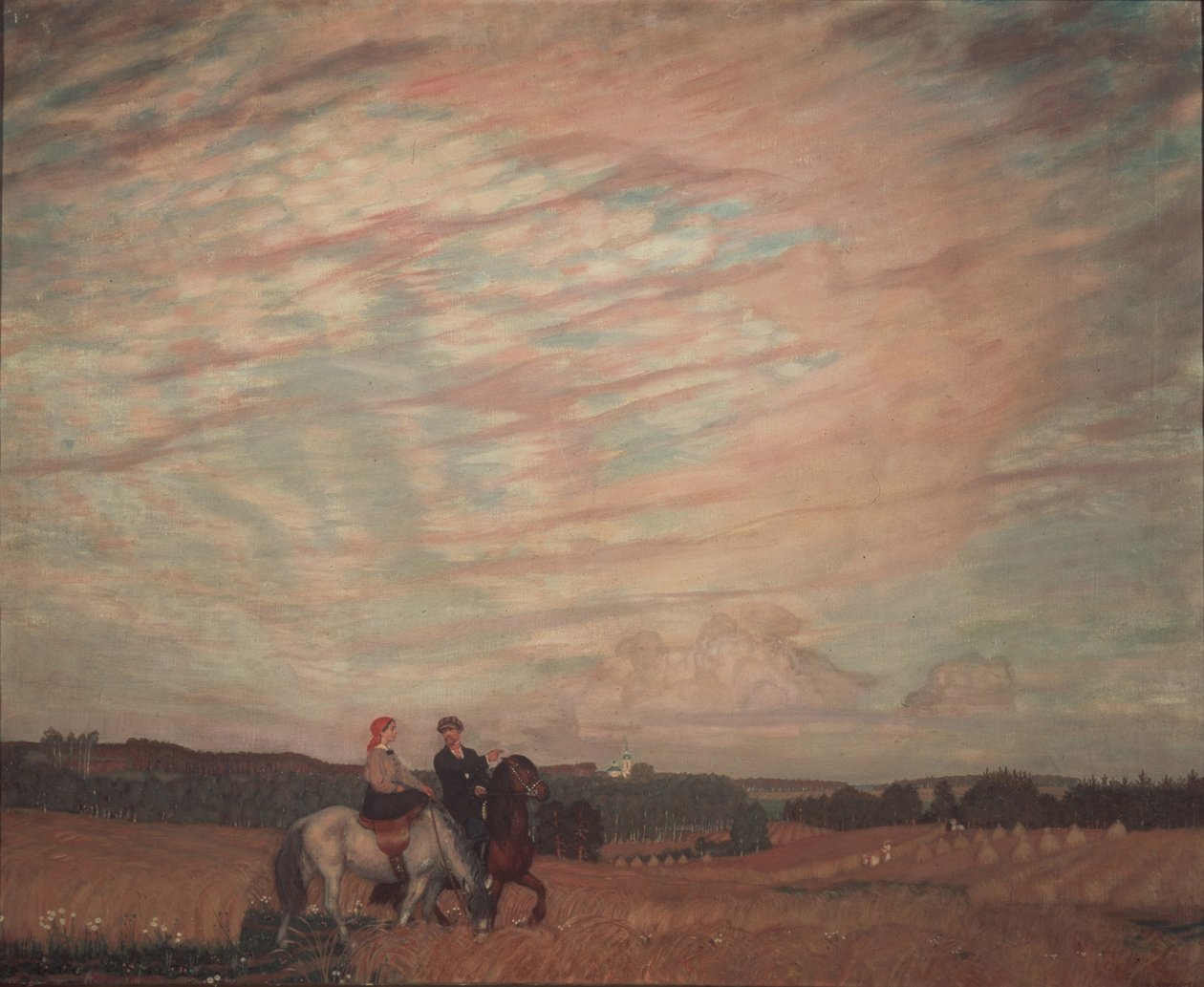 Eşi ile at sırtında otoportre, 1915 by Boris Mikhailovich Kustodiev