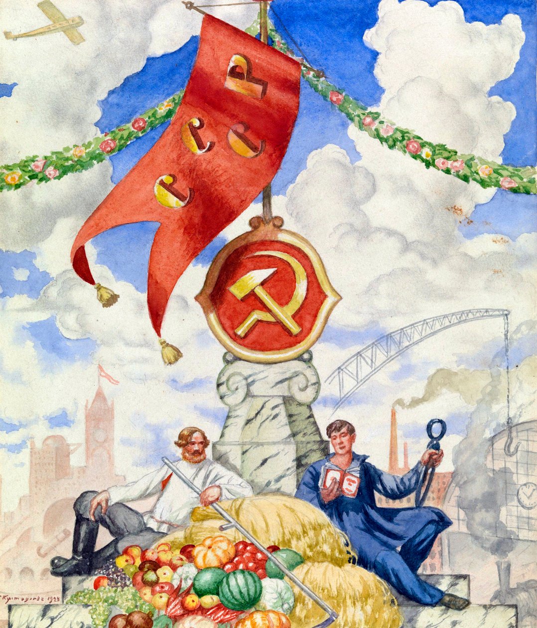 ""İşçi ve çiftçi komünist bayrak altında birleşti"" Boris Michaylovich Kustodiev (1878-1927) tarafından propaganda afişi 1923 Dim 27x23 cm Özel koleksiyon by Boris Mikhailovich Kustodiev