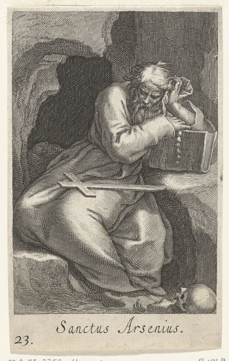 Bir keşiş olarak Aziz Arsenius the Great Sanctus Arsenius (nesne üzerindeki başlık) Hermits (dizi adı) Sacra eremvs ascetarvm (dizi başlığı) by Boëtius Adamsz. Bolswert
