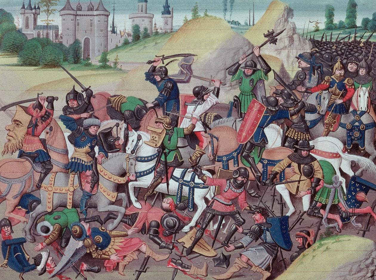 Ms 5089-90 Haçlı Seferleri sırasında Sarazenler ve Hıristiyanlar arasındaki savaş, Chroniques des empereurs, David Aubert, 1462 by Brabant School