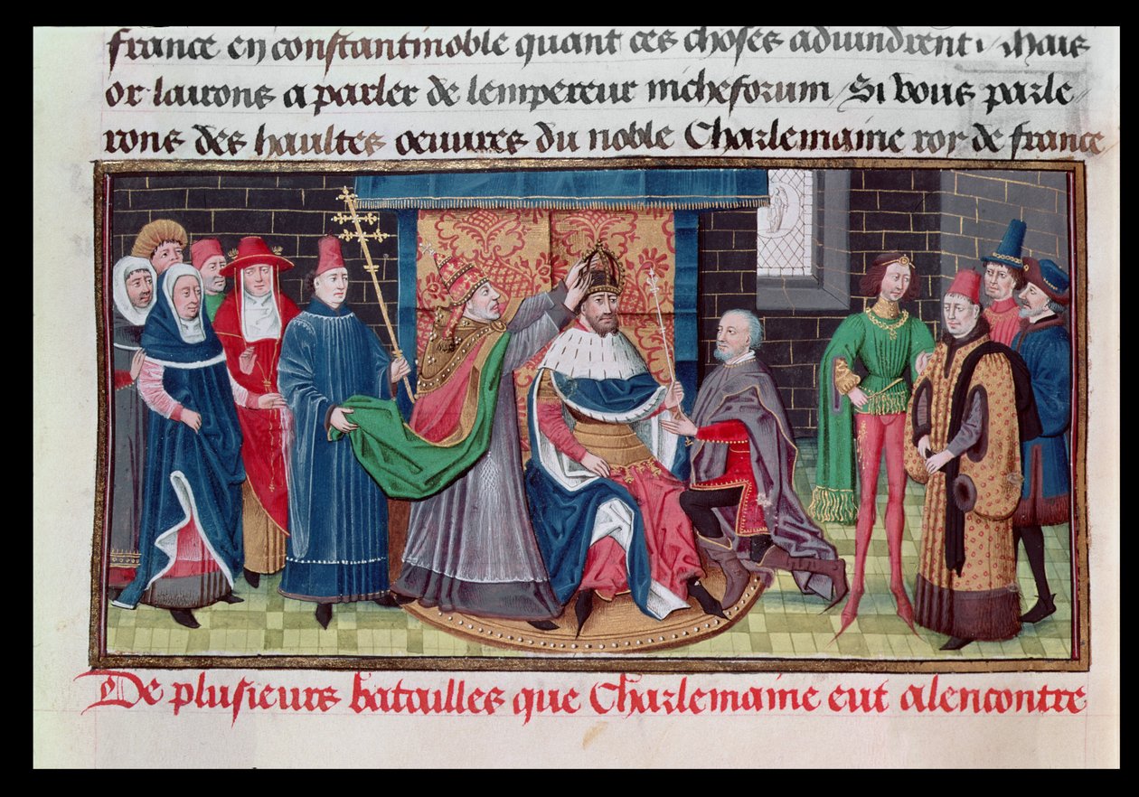 Ms 5089-90 The Coronation of Emperor Charlemagne (747-814), MS 800 Noel Arifesinde Papa St. Leo III (d.816) tarafından, Chroniques des Empereurs, David Aubert, 1462 by Brabant School