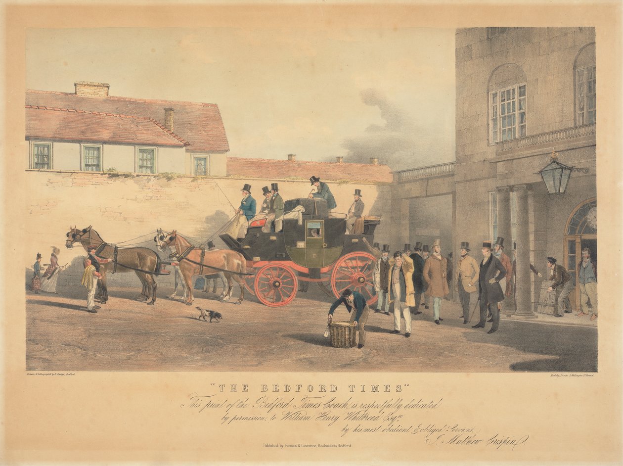 "The Bedford Times" / Bedford Times Coach'un bu baskısı, William Henry Whitbread Esq're'ye saygıyla / izinle ithaf edilmiştir. / en itaatkar ve sadık Uşağı tarafından / J. Matthew Crispin by Bradford Rudge