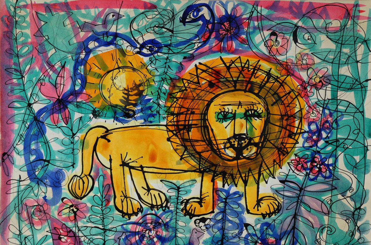 Aslan (akrilik poster rengi ve renkli mürekkepler) by Brenda Brin Booker