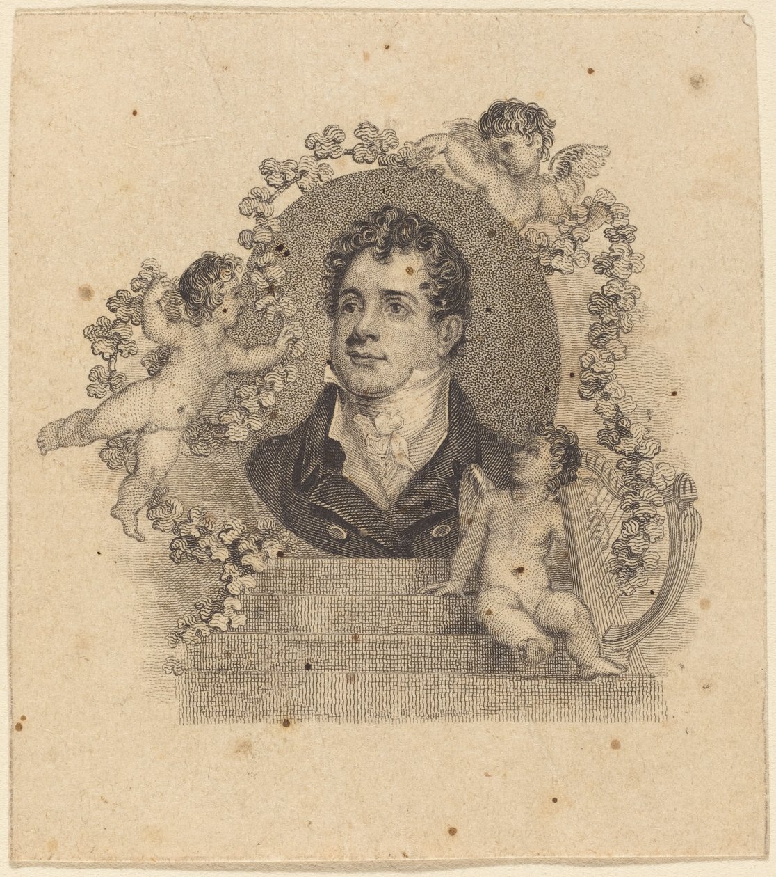 Cupids tarafından çevrili genç bir beyefendinin portresi; Efendim byron? by British 19th Century