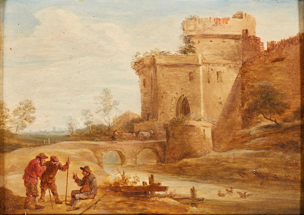 Bir Yolda Figürler ve Hayvanlarla Klasik Bir Peyzaj (tuval üzerine yağlı boya) by British School
