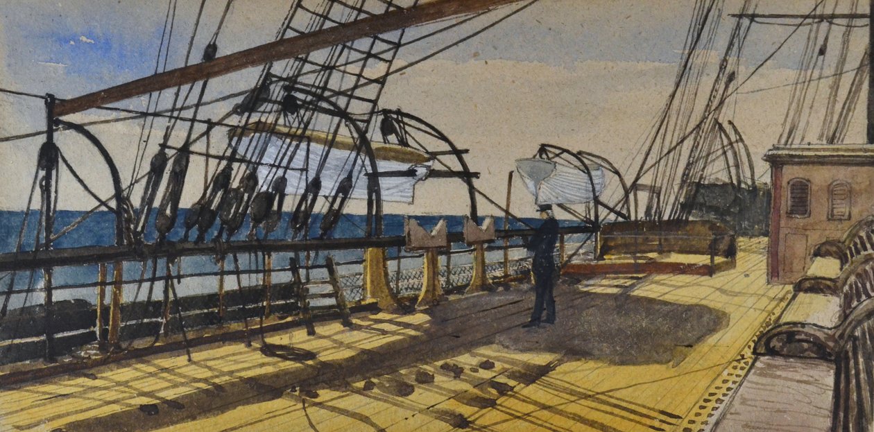 Demerara#39;ya giderken Royal Steam Packet Line#39;ın SS Don güvertesi, yazıtlı, 1880-90 civarı (suluboya) by British School
