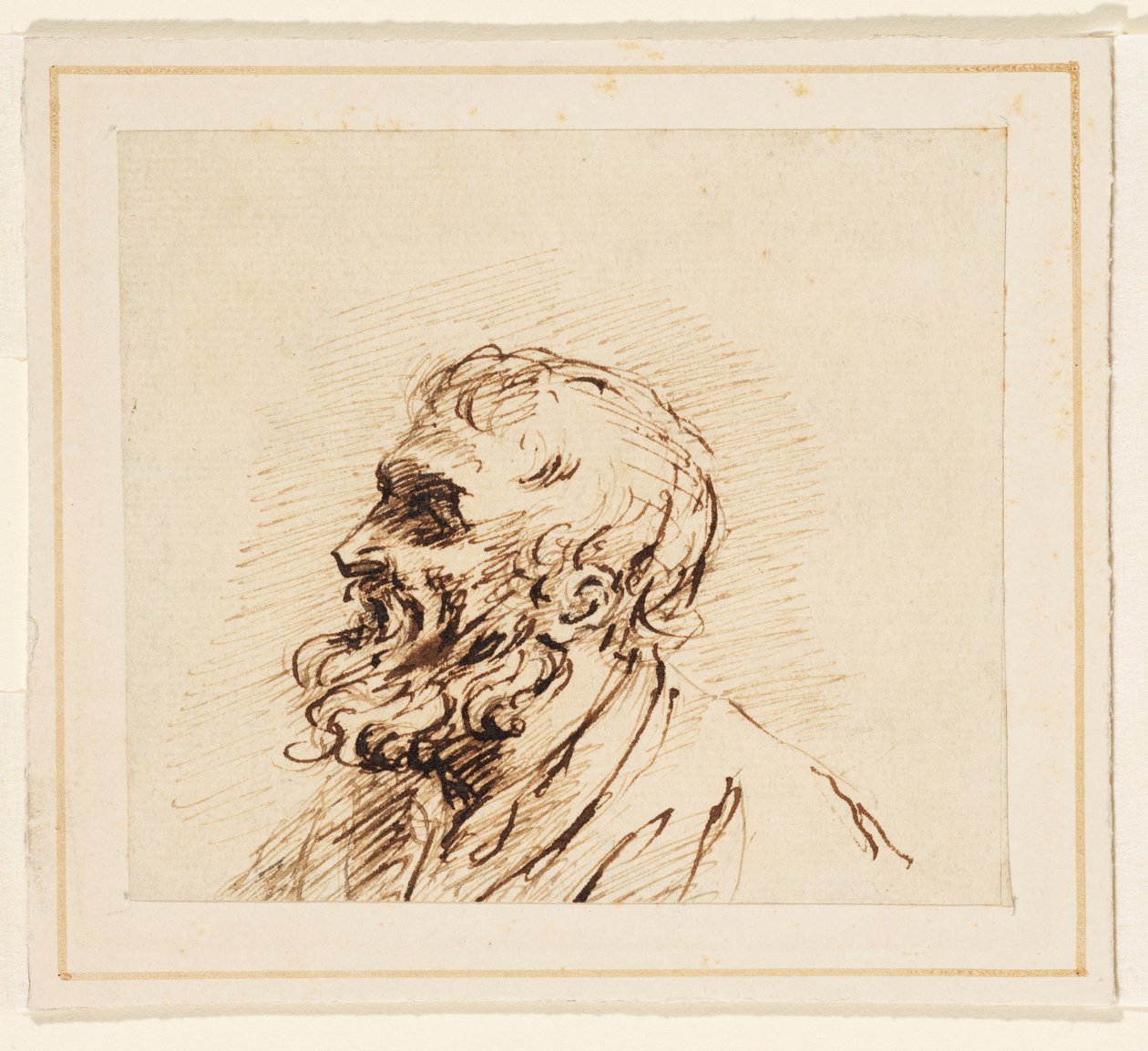 Sakallı bir adamın başı (bir kaide üzerine yatırılmış kağıt üzerinde grafit, kalem ve kahverengi mürekkep) by British School