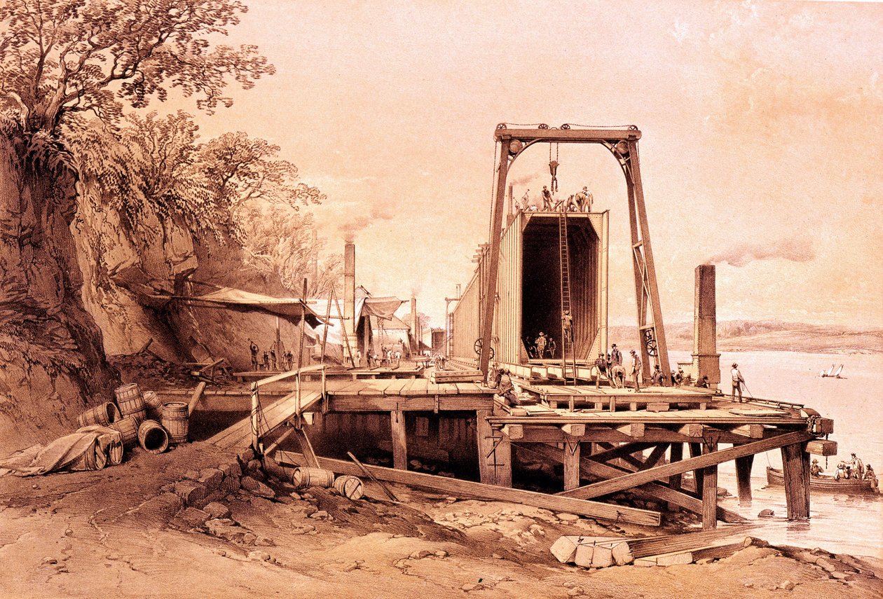 Sanayi devrimi: prefabrike bir köprünün kurulumu. “Britannia ve Conway Borulu Köprüler”den Gravür” by British School