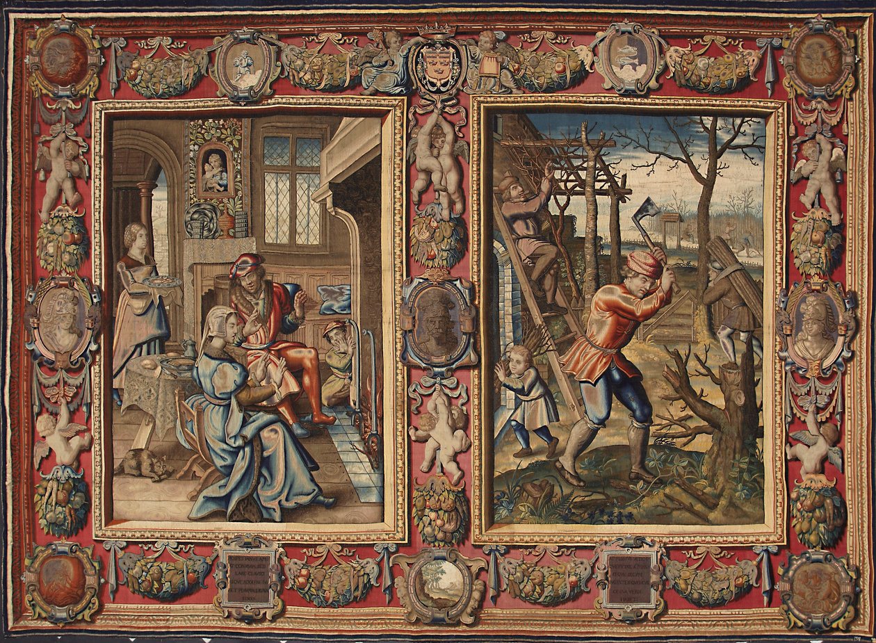 Ocak ve Şubat: “Ateşin yanında bir çift ve bir oduncu”” Mortlake imalatçılarının duvar halısı. 17. yüzyıl Genleri, Musei di Strada Nuova by British School