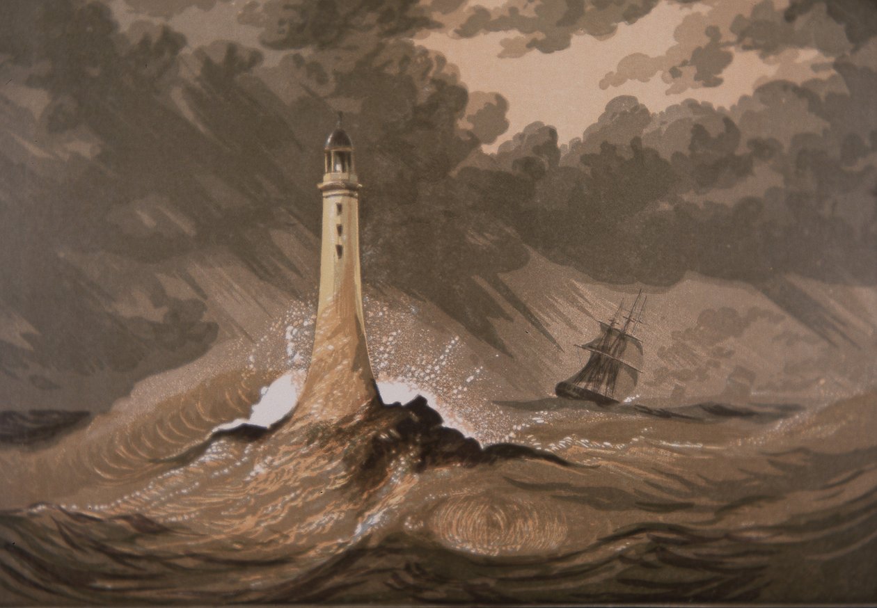 Deniz feneri, denizde fırtınada olan gemileri uyarır (renkli lito) by British School