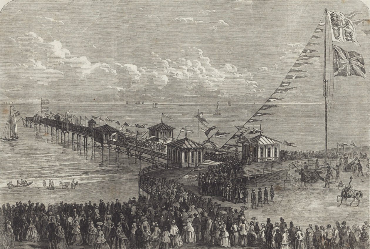 Bir İngiliz sahil iskelesinin açılması (gravür) by British School