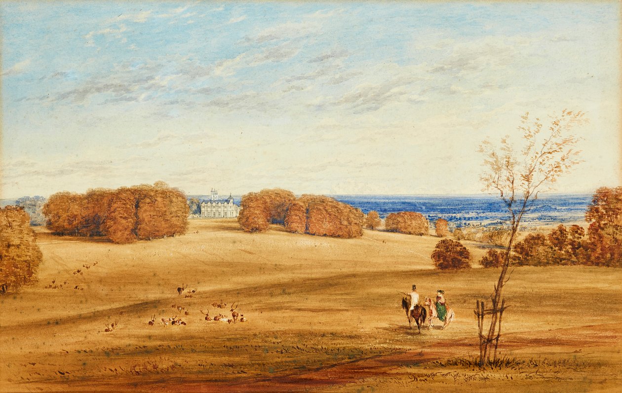 Horsley Towers, Surrey Prospect (kalem ve mürekkep ve sulu boya) by British School