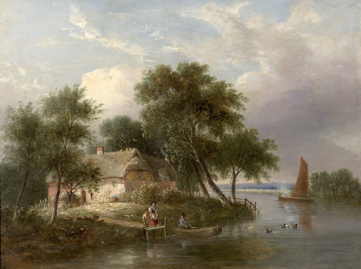 Nehir Manzarası (Kulübe ve Ağaçlar) (ahşap üzerine yağlı boya) by British School