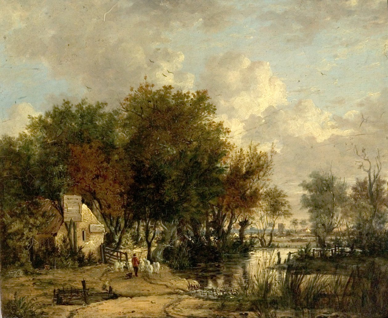 Nehir Sahnesi, Koyun Süren Çocuk (tahta üzerine yağlı boya) by British School
