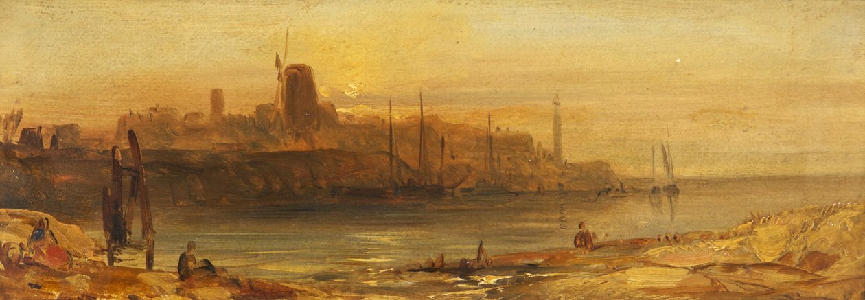 Gün Batımı: Liman ve Deniz Feneri, 1825 dolayları (tuval üzerine serilmiş kağıt üzerine yağlı boya) by British School