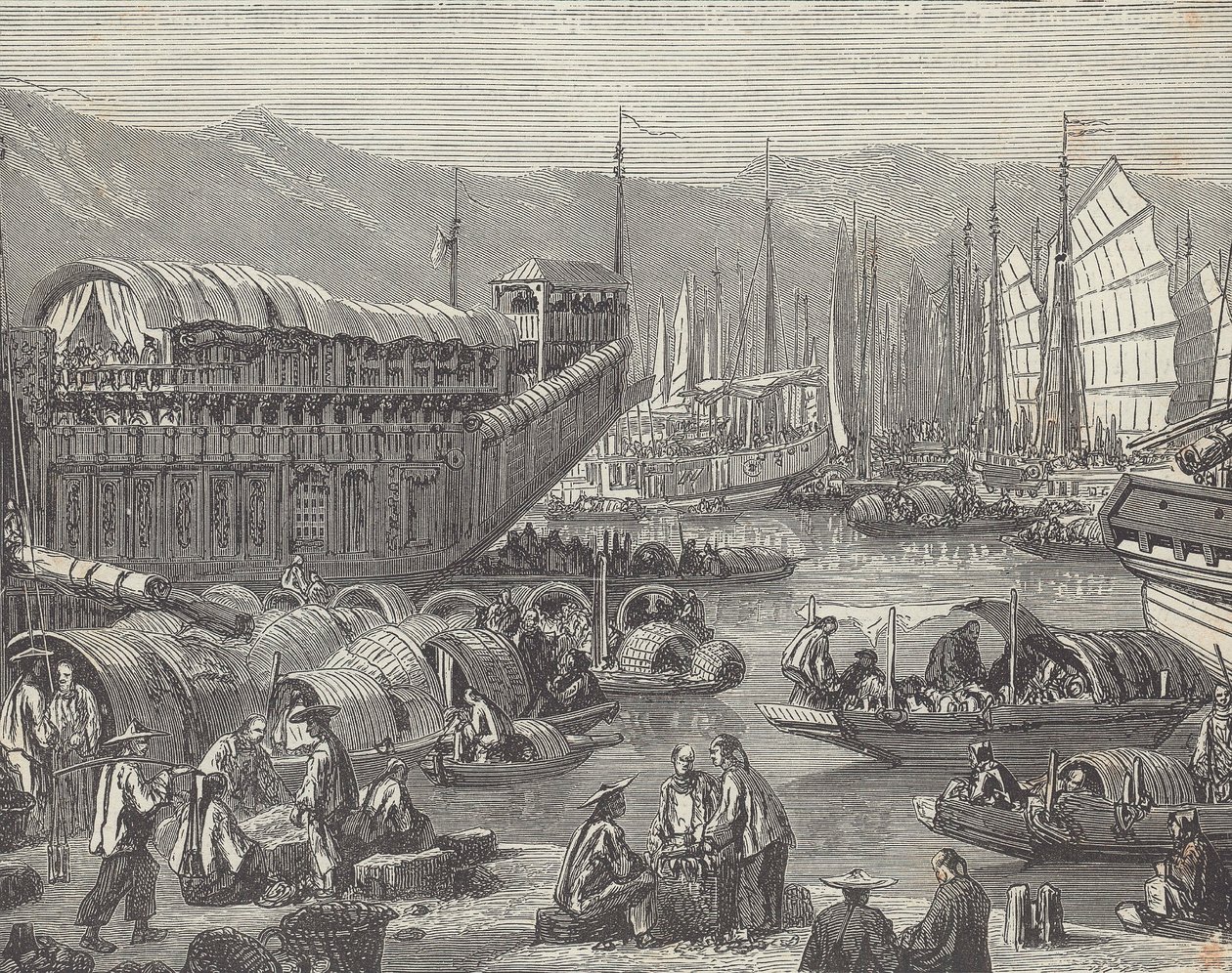 Meşgul limanda gemiler, Şanghay, Çin (gravür) by British School