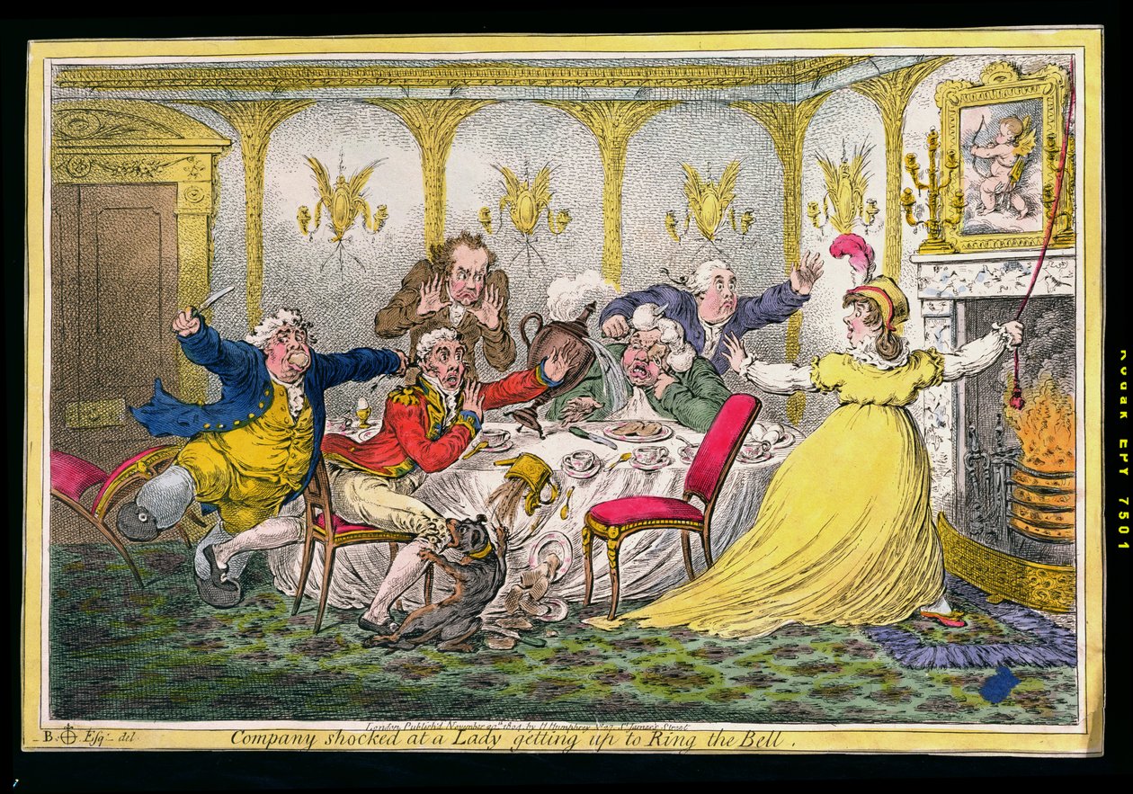 Şirket, 1804'te Hannah Humphrey tarafından yayınlanan James Gillray (1756-1815) tarafından kazınmış Zil Çalmak için ayağa kalkan bir Lady'de şok oldu (el boyaması gravür) by Brownlow North