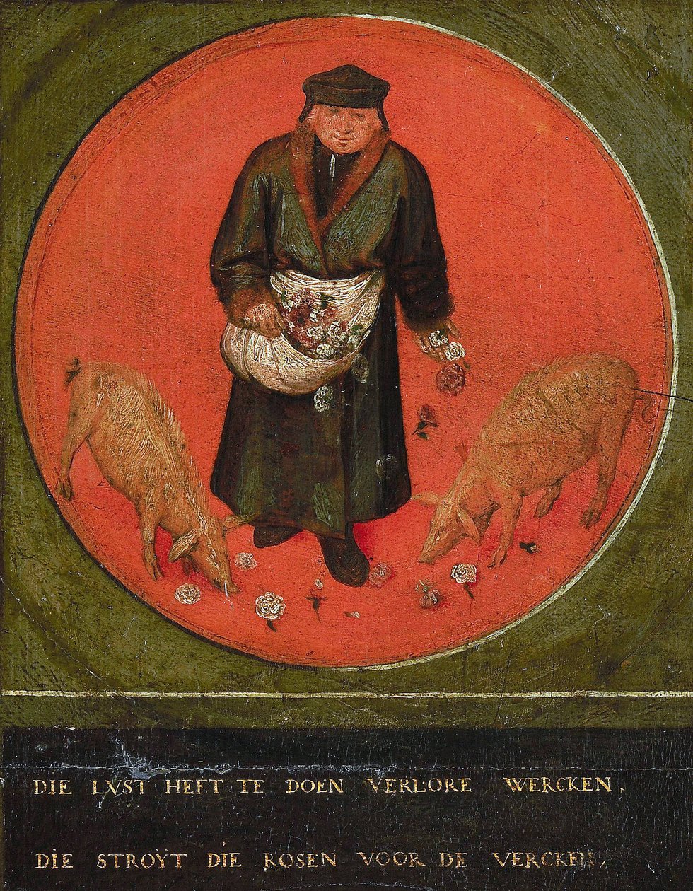 Emeklerini boşa harcayan, gülleri domuzların önüne atar, 1558. by Bruegel