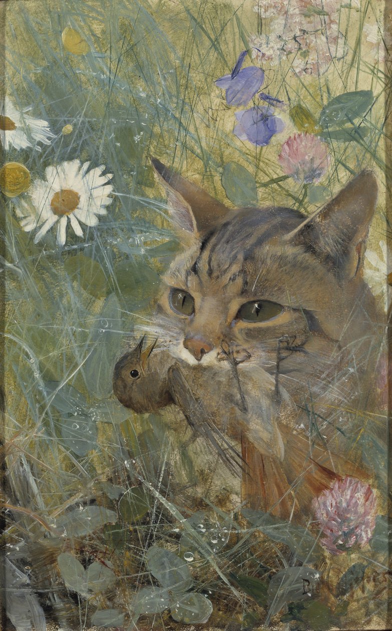 Ağzında Yavru Kuş Olan Bir Kedi, 1885 by Bruno Andreas Liljefors