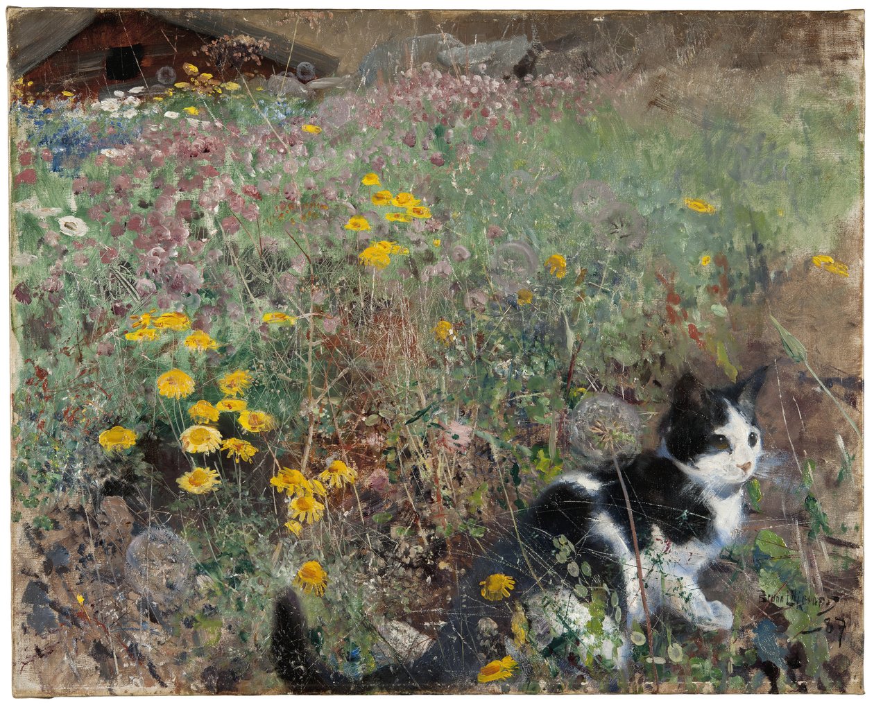 Çiçekli çayırdaki kedi, 1887 by Bruno Andreas Liljefors