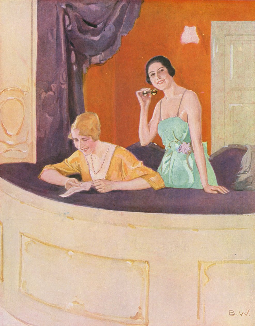 Operada bir locada iki kadın (renkli taş baskı) by Brynolf Wennerberg