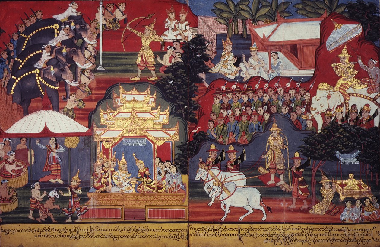 Veya 14297 fol.8-9 Geleceğin Buda Büyüyor, c.1800-20 (kağıt üzerinde guaj) by Burmese School