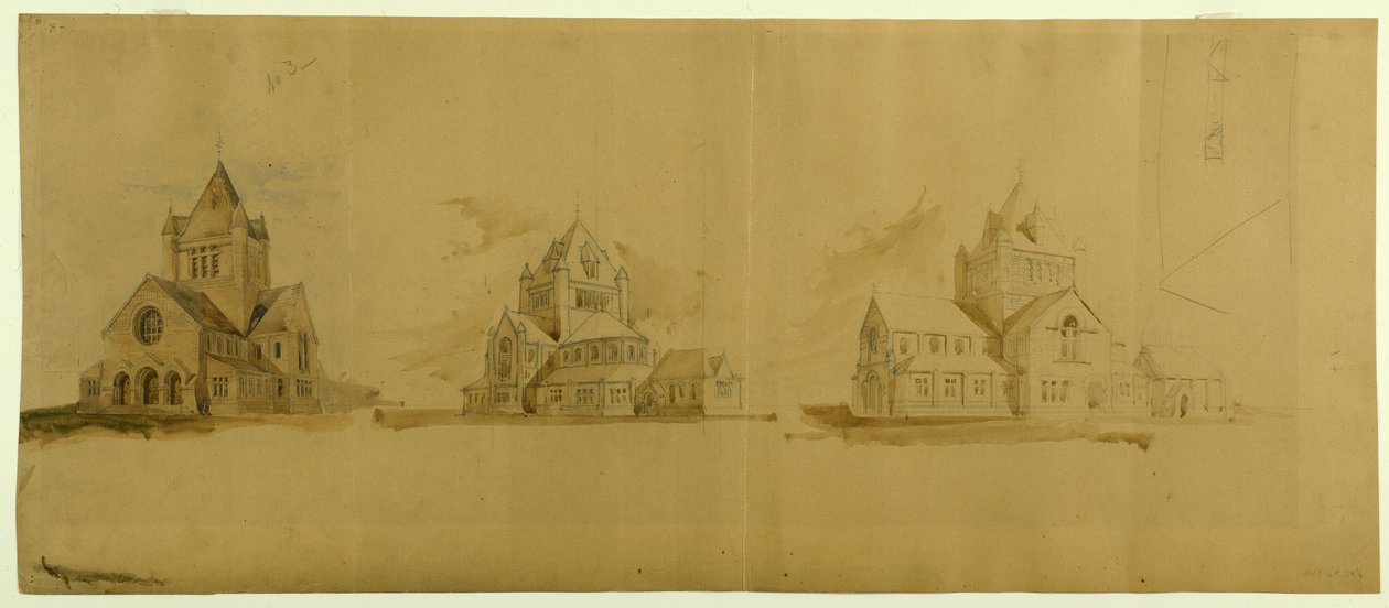 Aziz Gabriel Kilisesi, Chicago, Illinois, Perspektif Eskizleri, c. 1889. by Burnham and Root