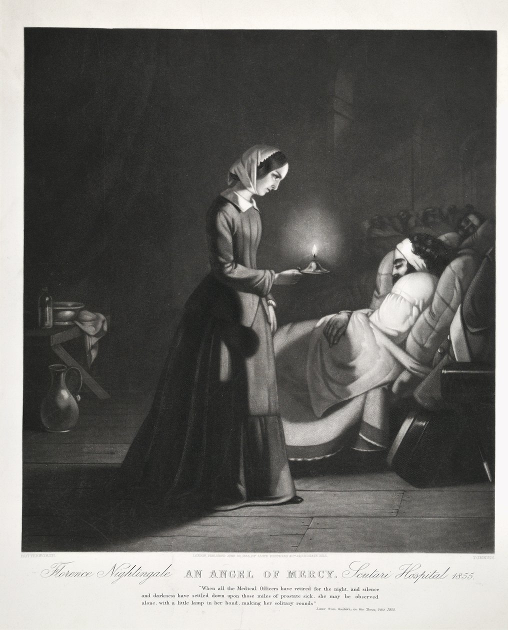 Florence Nightingale, Bir Merhamet Meleği, Üsküdar Hastanesi, Tomkins tarafından oyulmuş, 1855 by Butterworth