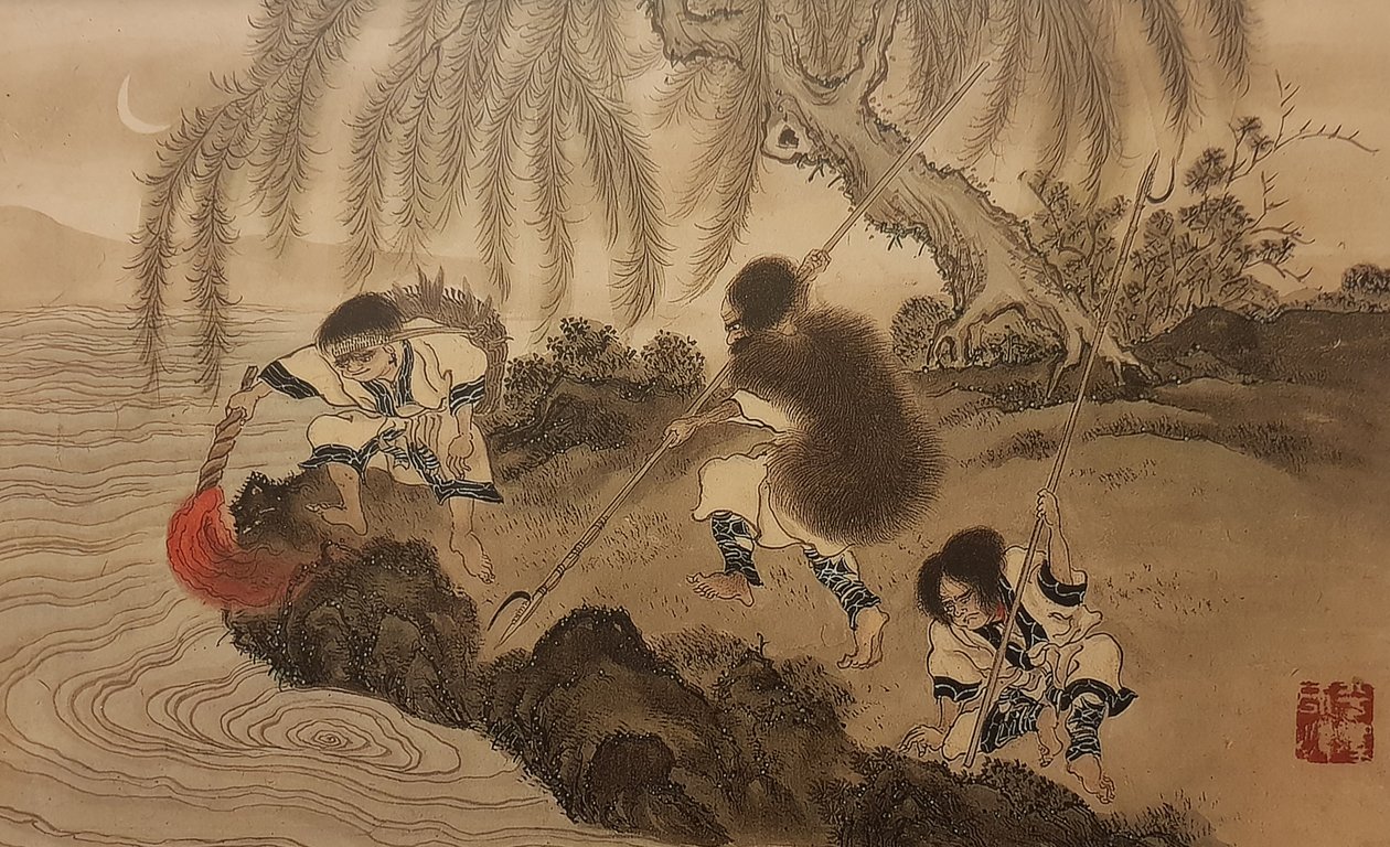 yanan bir meşale ile balık tutmak. The Ainu dizisinden 19. Yüzyılın İkinci Yarısı.. by Byozan Hirasawa