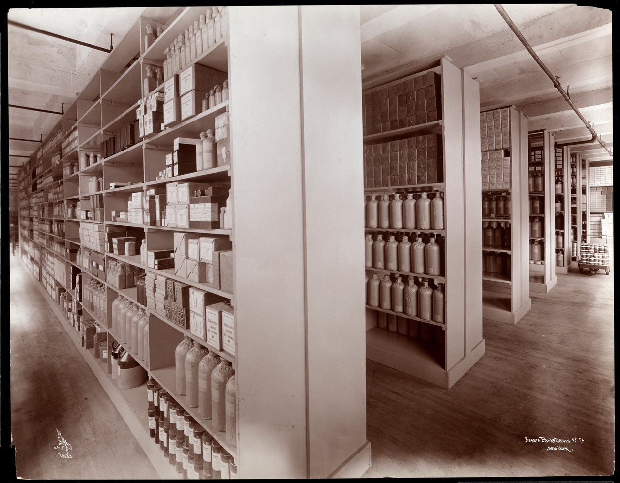 Parke, Davis und Co., kimyagerler, Hudson und Vestry Streets, New York, 1910'daki bir kimyasal depolama odasının iç görünümü (gümüş jelatin baskı) by Byron Company