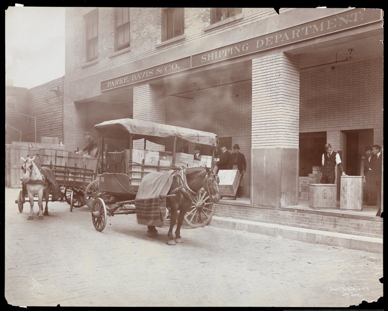 Parke, Davis und Co., kimyagerler, Hudson und Vestry Streets, New York, 1910'daki nakliye departmanının yükleme iskelesinin görünümü (gümüş jelatin baskı) by Byron Company