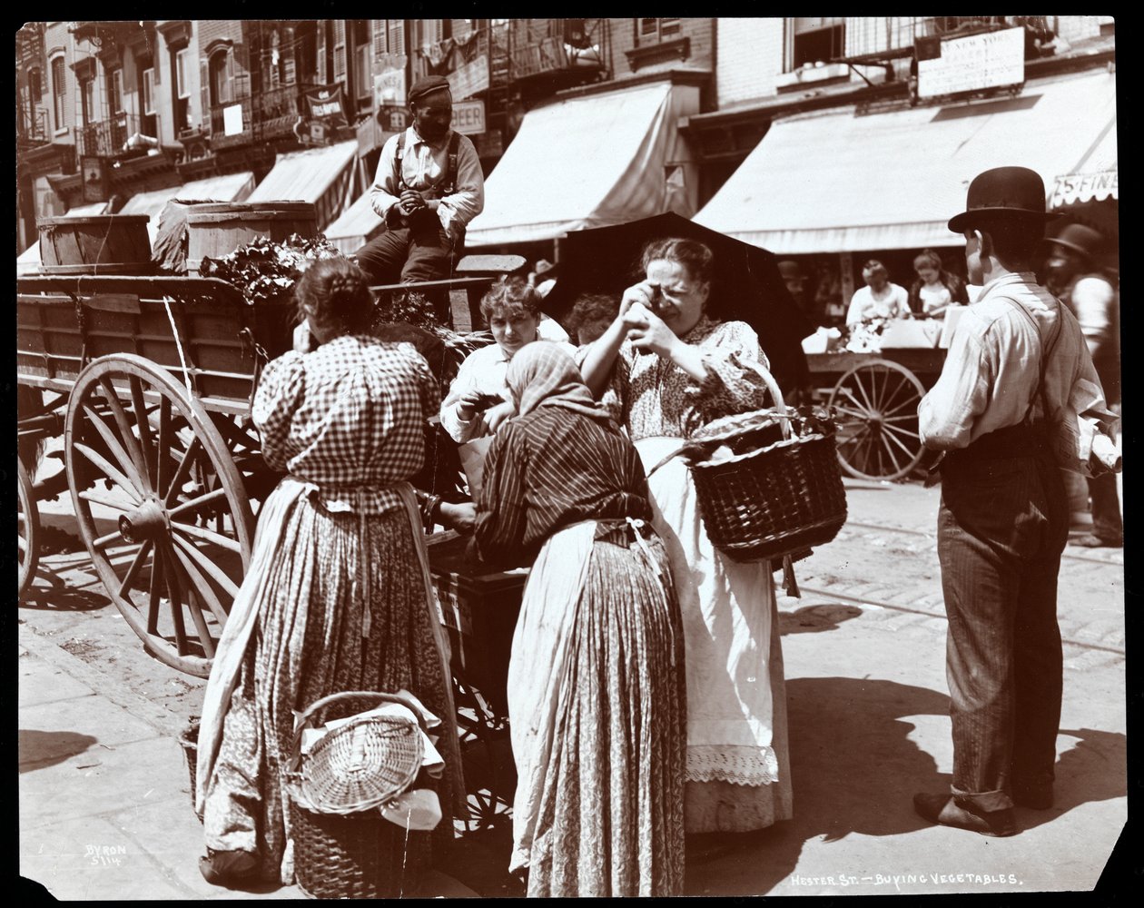 Hester Caddesi'ndeki bir seyyar satıcıdan sebze satın alan ve yumurtaları inceleyen kadınların görüntüsü, New York, 1898 (gümüş jelatin baskı) by Byron Company