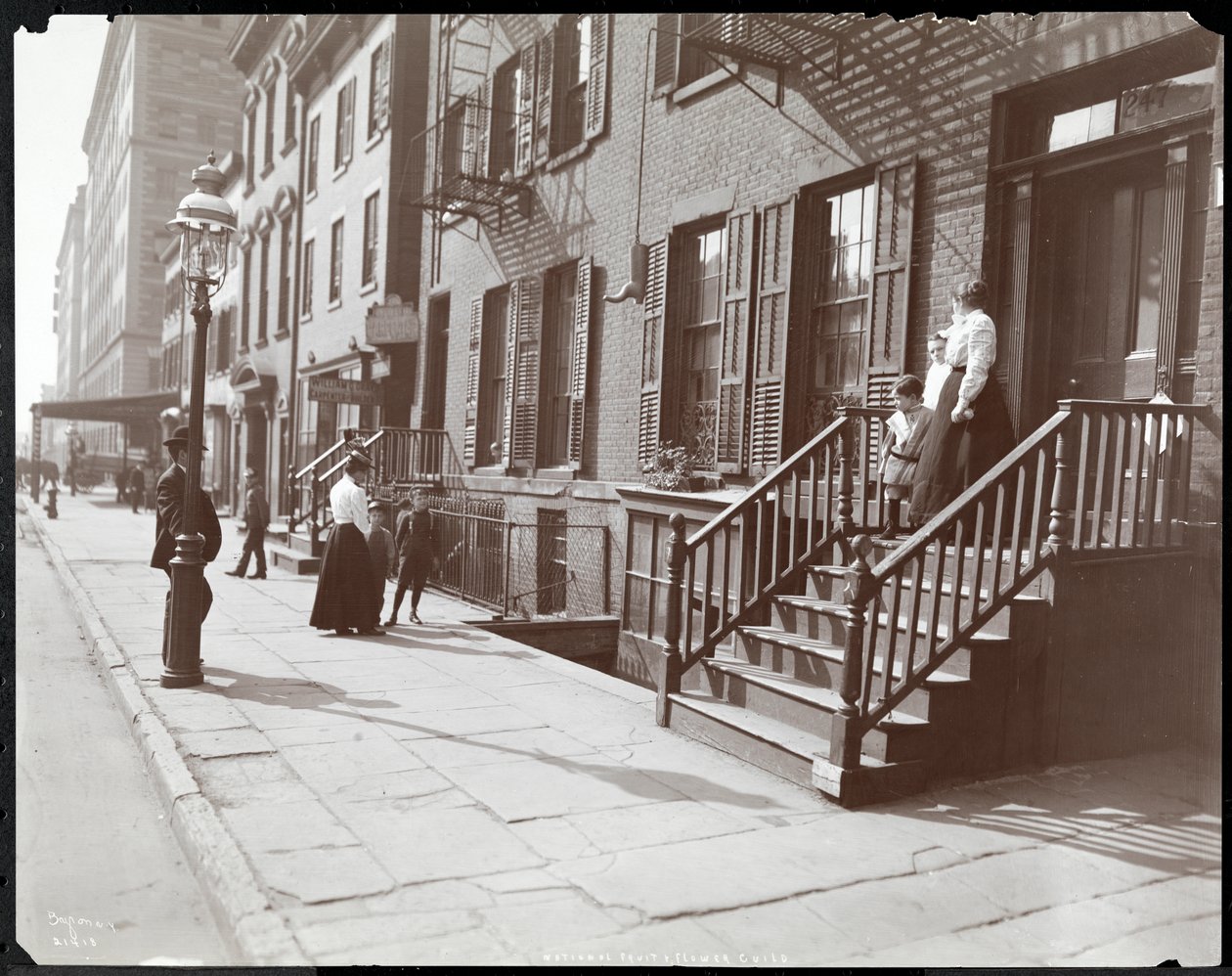 Ulusal Meyve ve Çiçek Birliği'nin avlusunda ve yakınında kadınlar ve çocuklar, 247 Spring Street, 1906 (gümüş jelatin baskı) by Byron Company