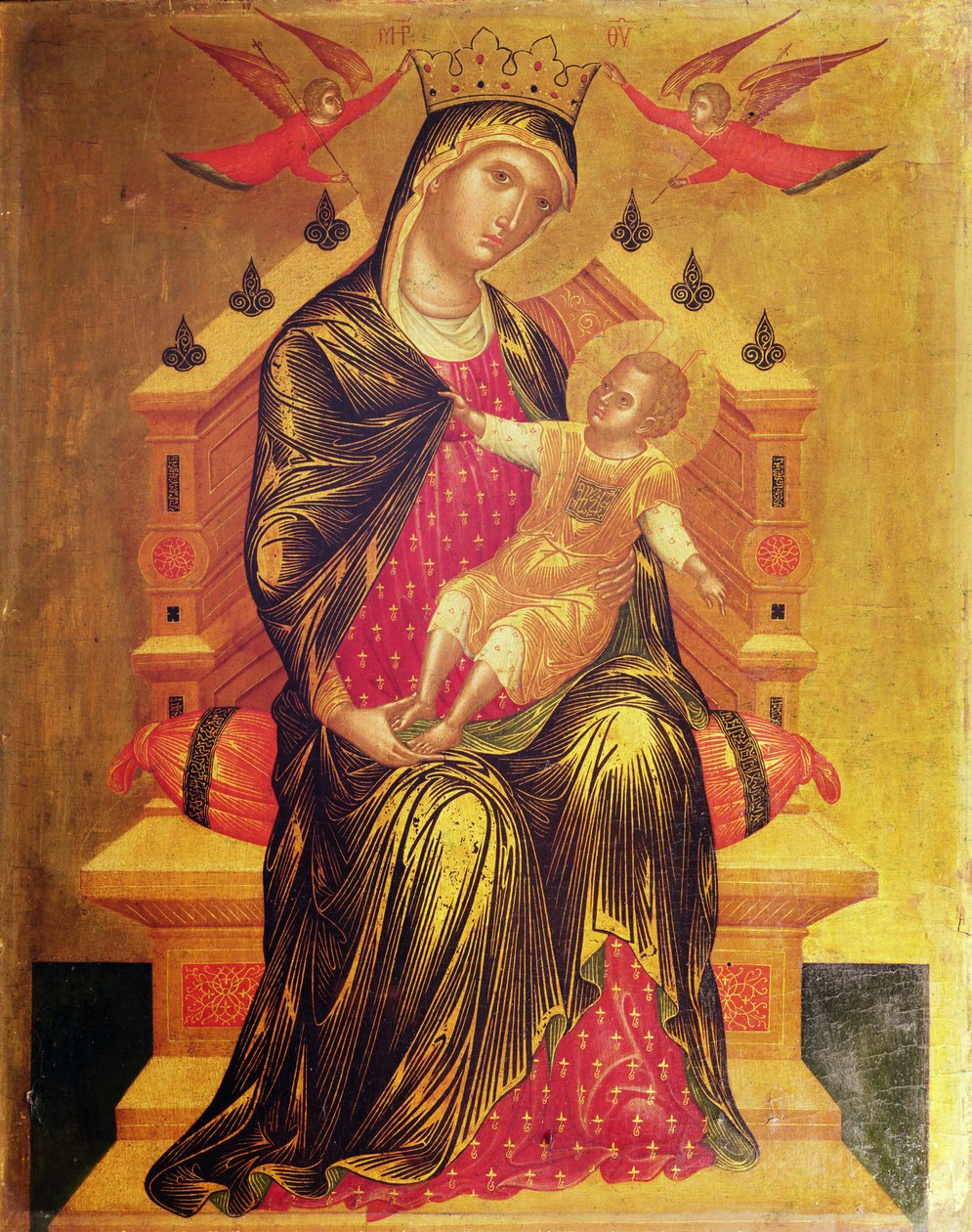 Madonna ve Çocuk iki melekle tahta çıktı (panelde mizaç) by Byzantine