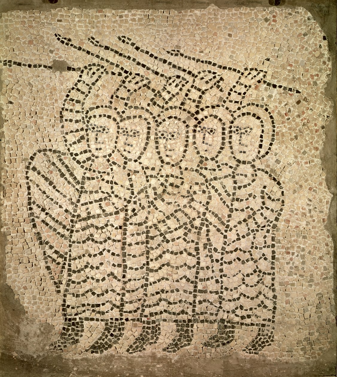 Pavement of St. John the Evangelist, detail of five crusaders, 1213 mosaic by Byzantine