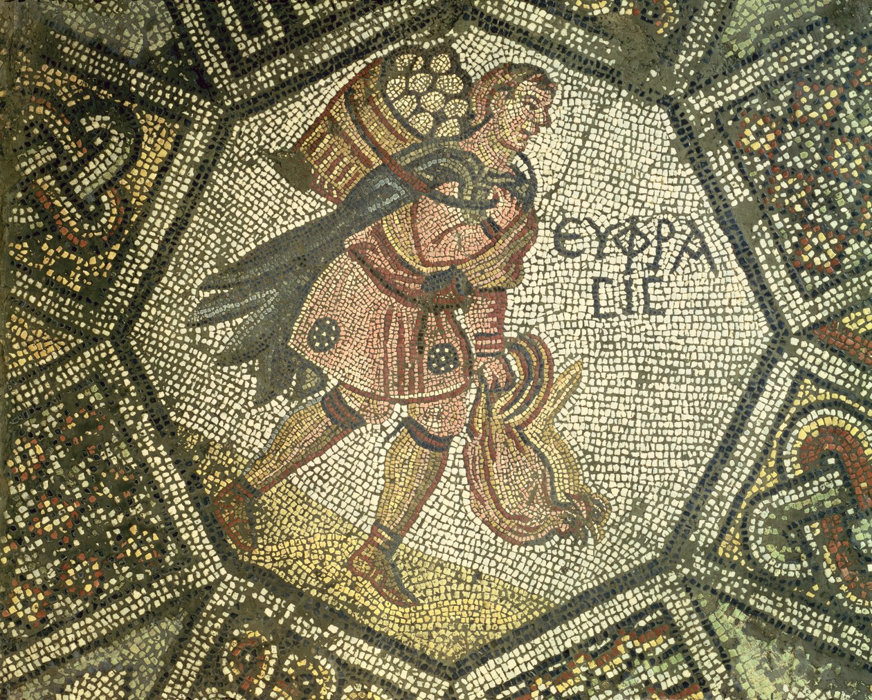 Tavuk ve bir sepet yumurta taşıyan köylü, 5-6. yüzyıl (mozaik) by Byzantine