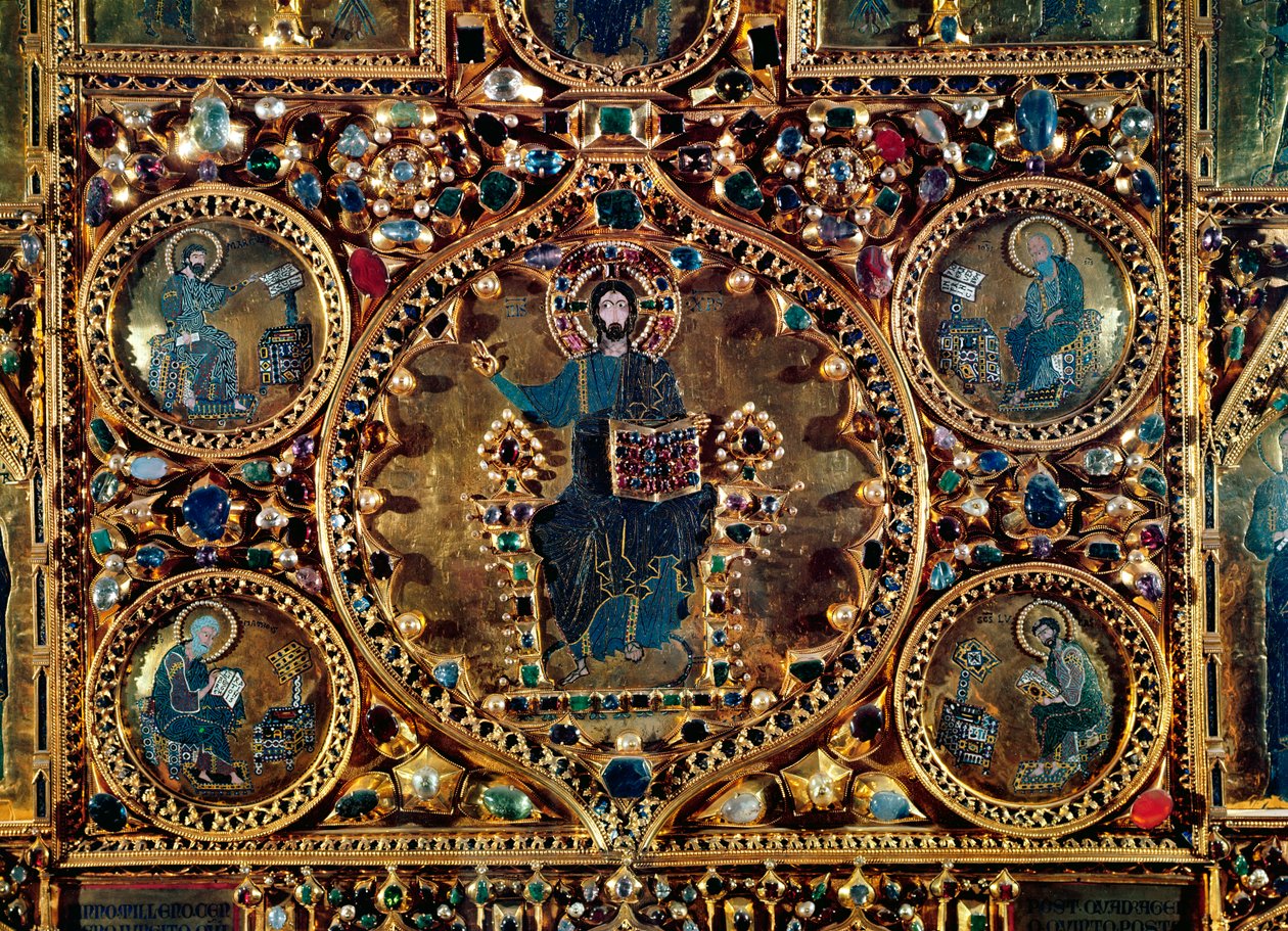 Pala dOro, Evangelistler altın ve değerli taşlarla işlemeli emaye ile Majesteleri İsa