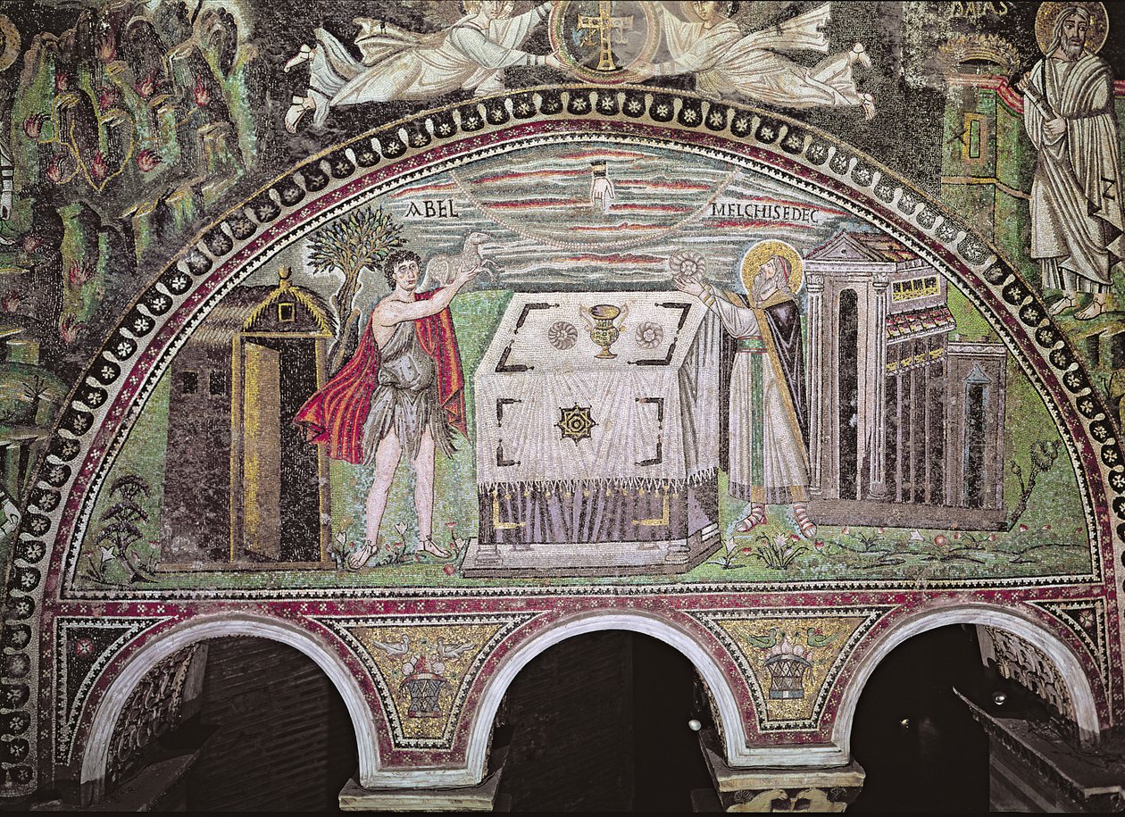 Sunakta kuzu sunan Abel ve ekmek sunan Melchisedech, bazilikanın güney duvarında (mozaik) lunette by Byzantine School
