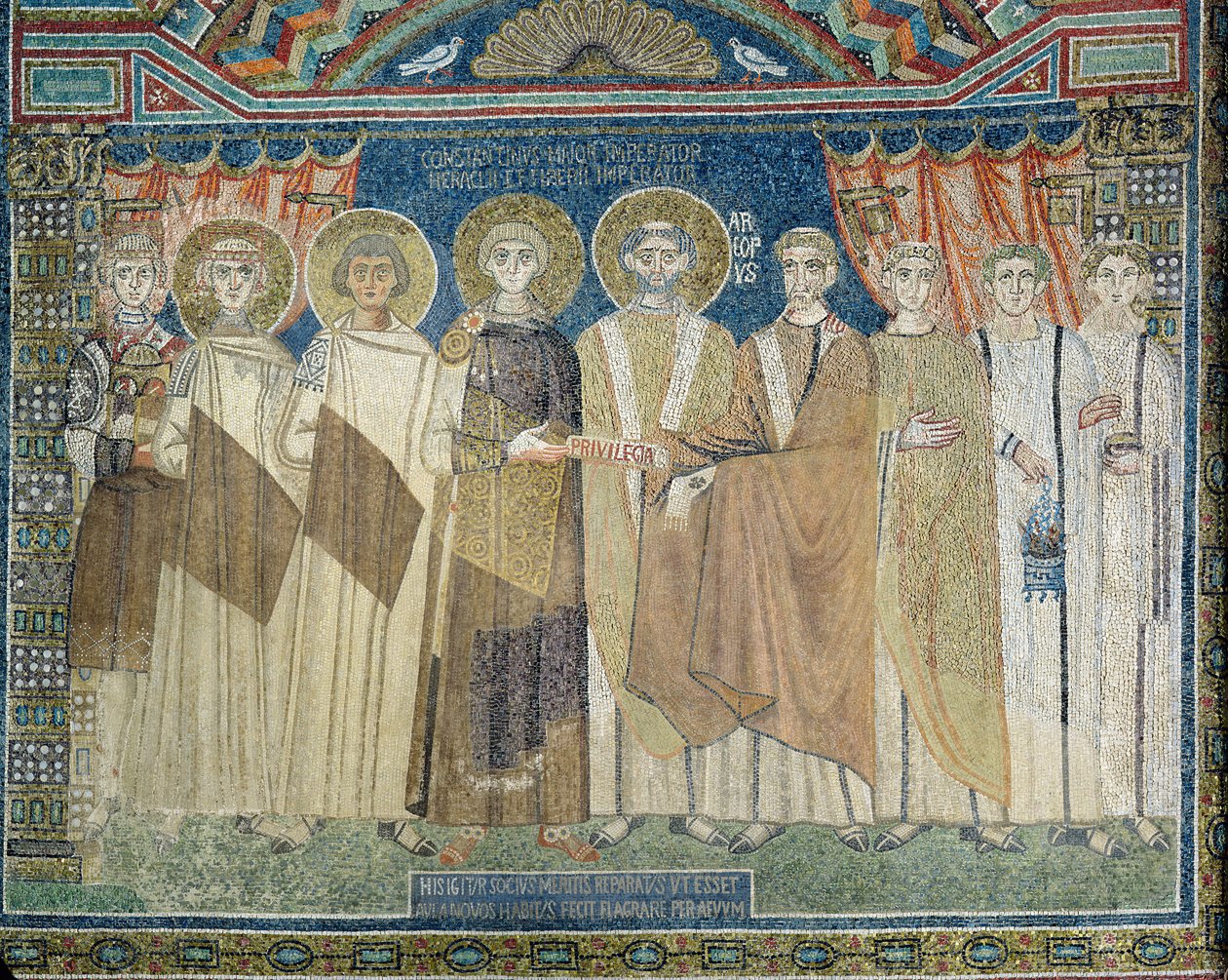 İmparator Konstantin IV, Ravenna Başpiskoposuna (mozaik) vergi muafiyeti veriyor by Byzantine School