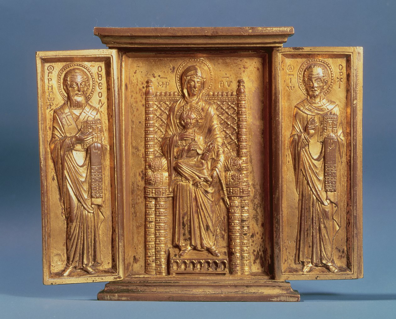 The Virgin and Child Enthroned, between St. Gregory Nazianzus and St. John Chrysostom (tempera on panel) by Byzantine School