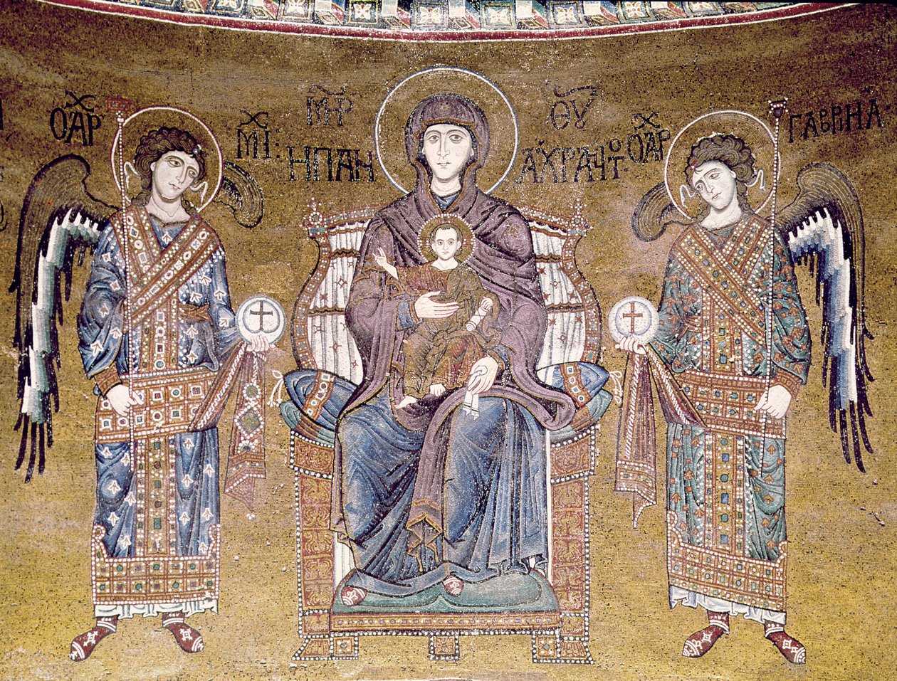 The Virgin and Child enthroned between two angels, from the apse (mosaic) by Byzantine School