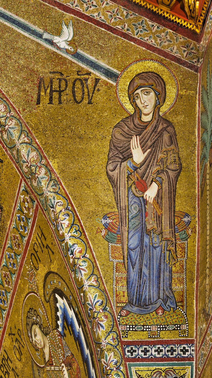 Apsis: Announciate Virgin, apsisin kulak zarında altın bir arka plana sahip Bizans mozaiği (mozaik) by Byzantine